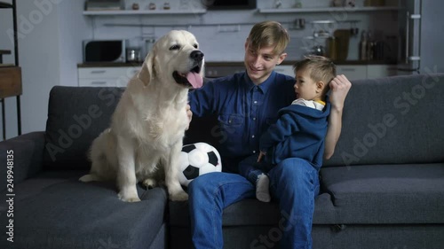 Young parent and cute boy on his knees communicating with labrador dog while resting on couch in domestic room. Positive owner stroking the golden retriever pet and proposing to play ball alltogether photo