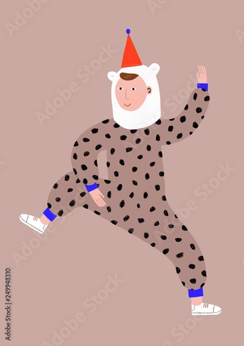 Funny man partying in a bear and leopard costume