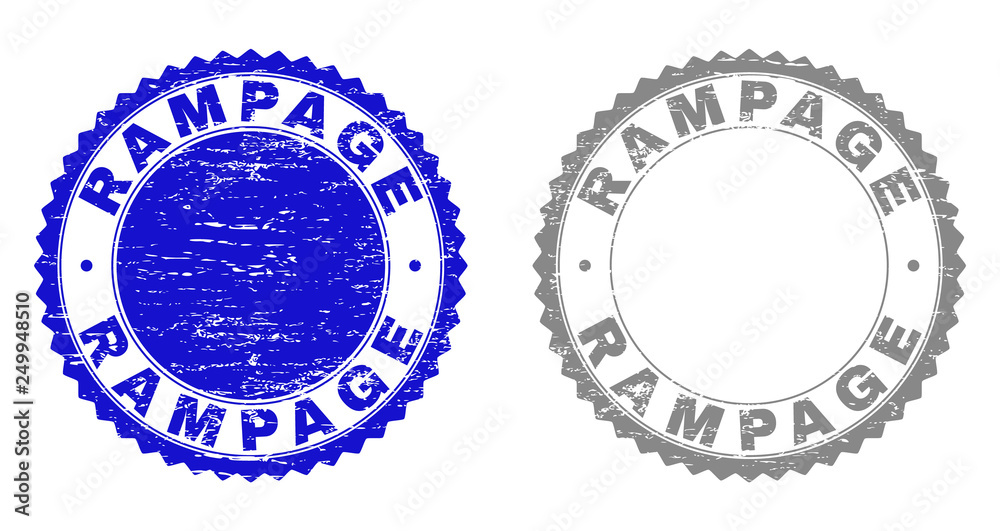 Obraz premium Grunge RAMPAGE stamp seals isolated on a white background. Rosette seals with grunge texture in blue and grey colors. Vector rubber stamp imprint of RAMPAGE title inside round rosette.