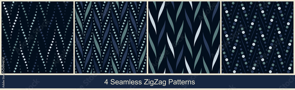Seamless vector zigzag patterns with abstract geometric elements in monochrome blue colors on black background. Collection of abstract prints