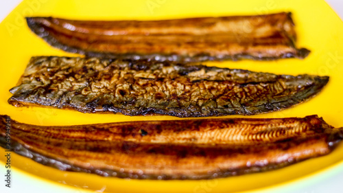 Eel fish or unagi on yellow plate with white background. Ready to cook. 