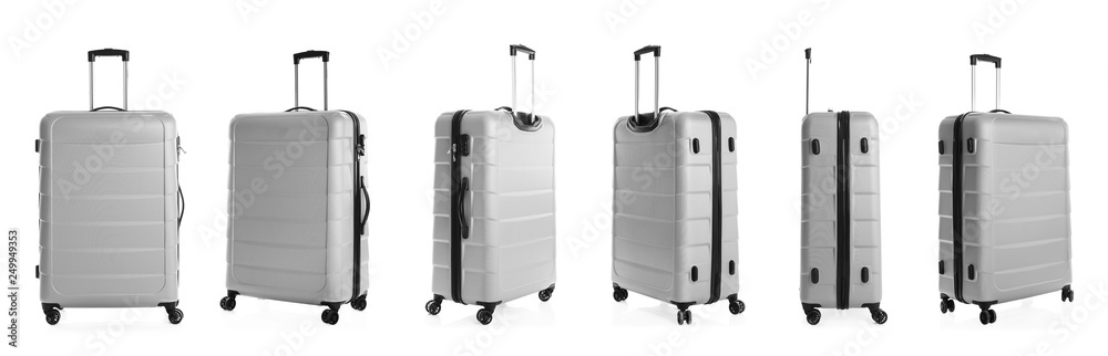 Set of stylish light suitcase for travelling on white background - obrazy, fototapety, plakaty 