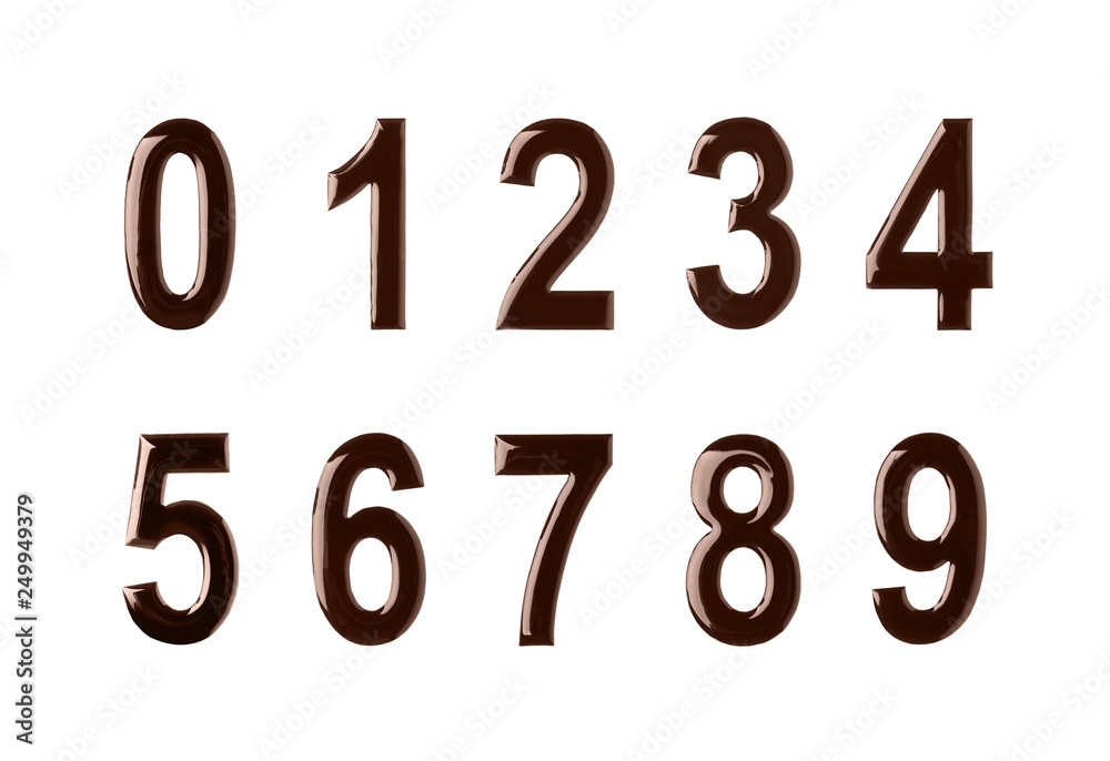 Set of numbers made of melted chocolate on white background Set of numbers made of melted chocolate on white background