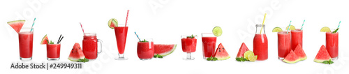 Set of yummy watermelon cocktails in different glassware on white background