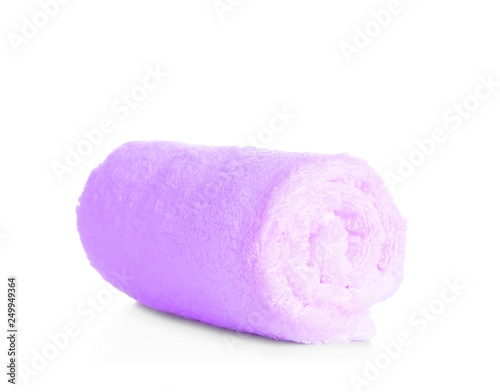 Rolled clean soft towel on white background
