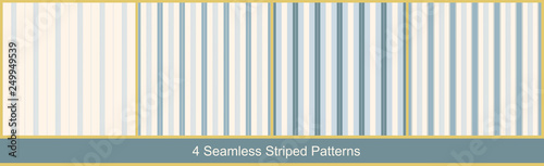 Seamless vector striped patterns with abstract geometric elements in monochrome blue colors on white background. Collection of abstract prints