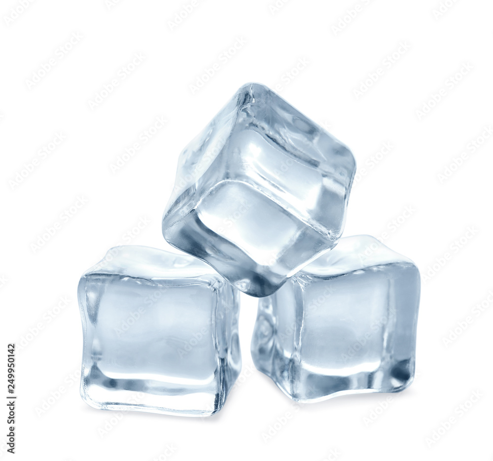 Crystal clear ice cubes on white background