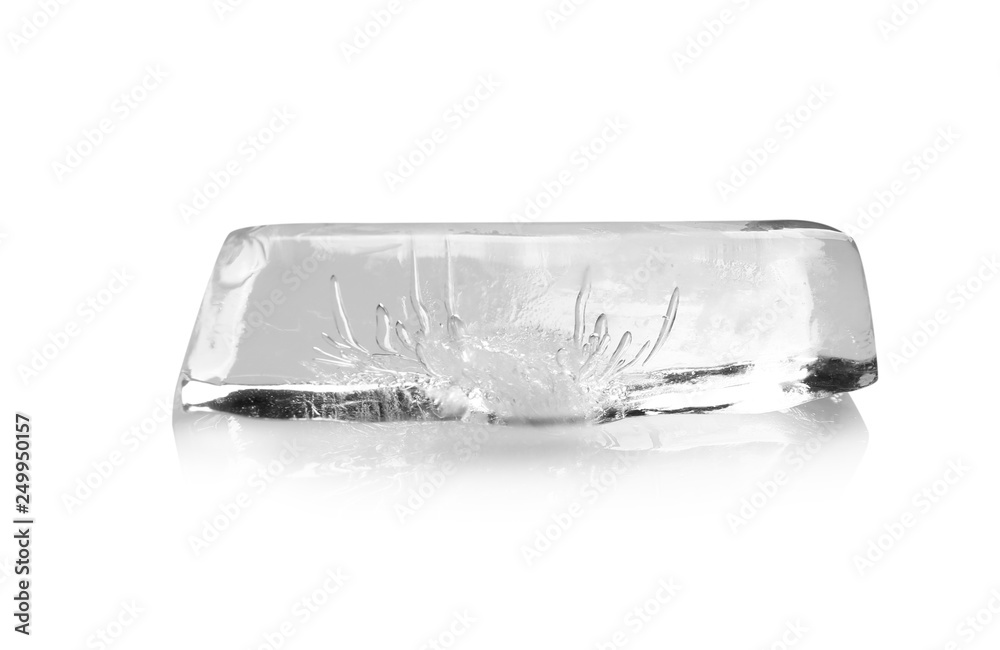 Piece of ice melting on white background