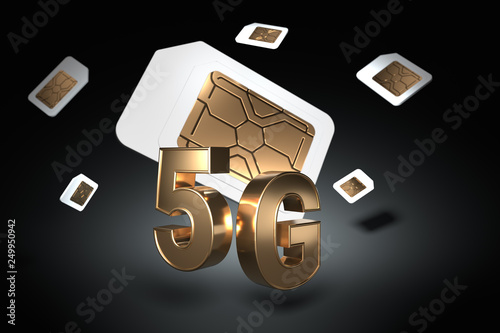 Golden 5G sign with sim cards hovering behind it on black background. High speed mobile web technology. 3D rendering