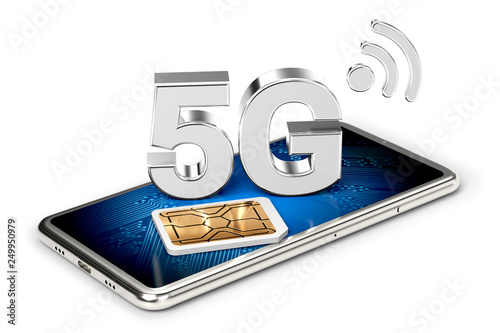 Silver 5G sign on smart phone screen with sim card next to it. Isolated on white background. High speed mobile web technology. 3D rendering