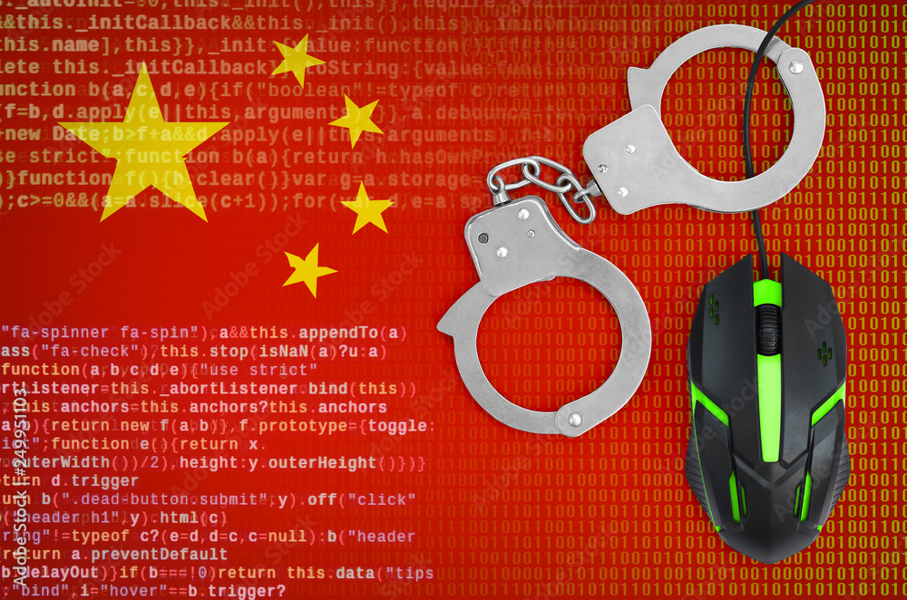 China flag and handcuffed computer mouse. Combating computer crime ...