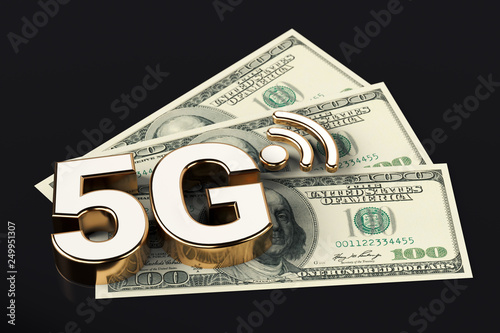 5G high speed communication network symbol standing on american dollar bills isolated on black background. 3D rendering