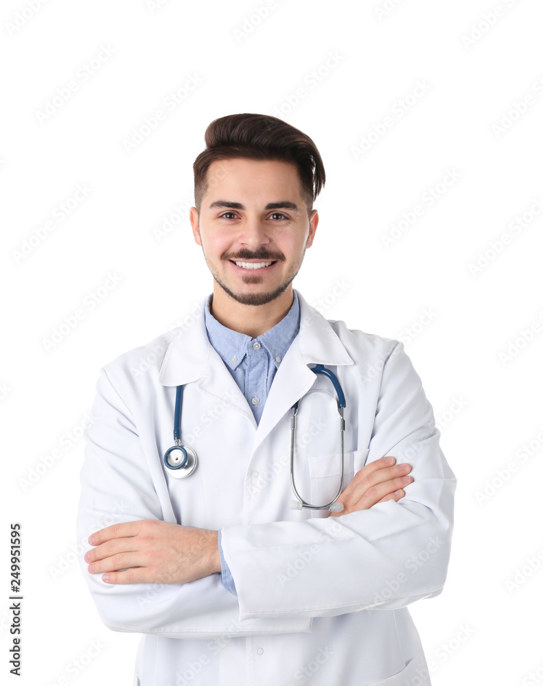 Young medical student in uniform on white background Young medical student in uniform on white background