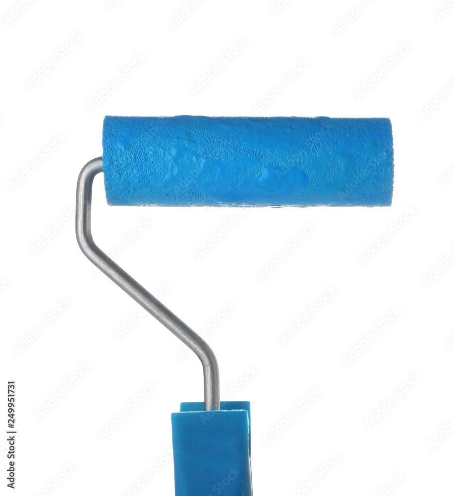 Obraz premium Roller brush with blue paint on white background