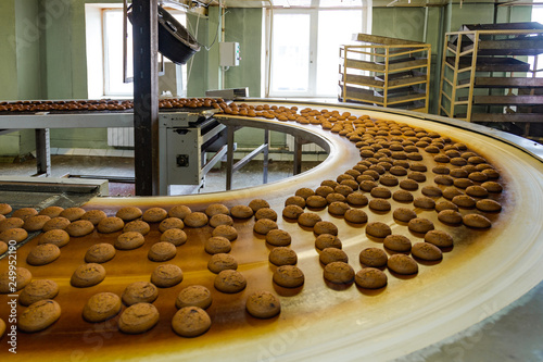 Production line of confectionery factory.  Cookies moving on turning conveyor belt 