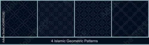 Seamless vector floral patterns based on Islamic geometric ornaments in dark blue colors on black background. Set of ornamental prints