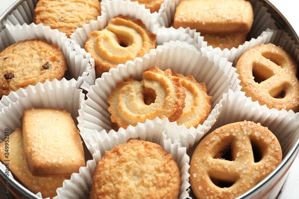 Tin box with Danish butter cookies, closeup Tin box with Danish butter cookies, closeup