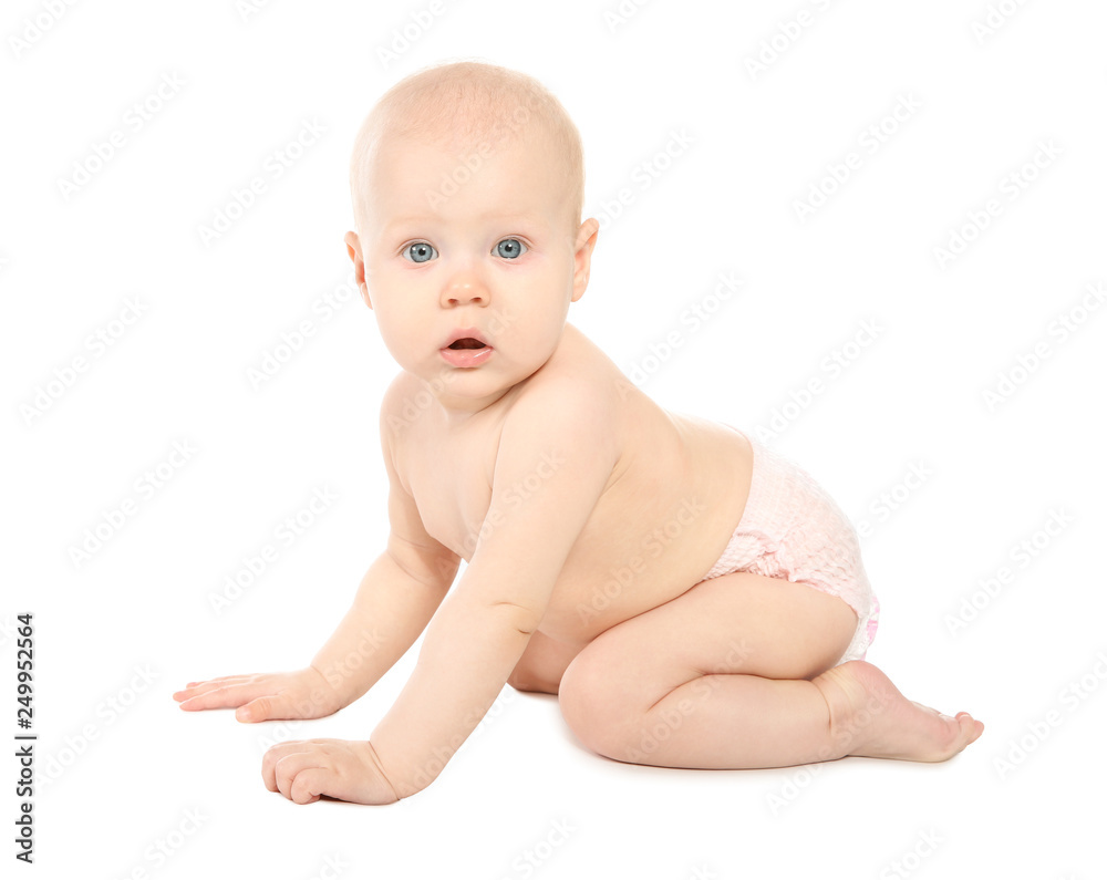Cute little baby on white background. Crawling time Cute little baby on white background. Crawling time