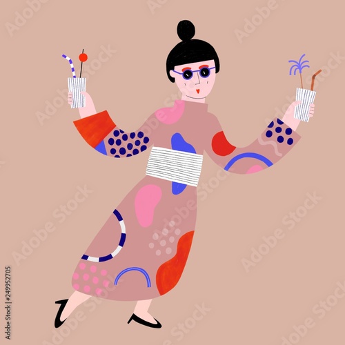 Asian women with sunglasses wearing a colourful kimono and holding two drinks