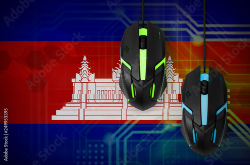 Cambodia flag  and two mice with backlight. Online cooperative games. Cyber sport team photo