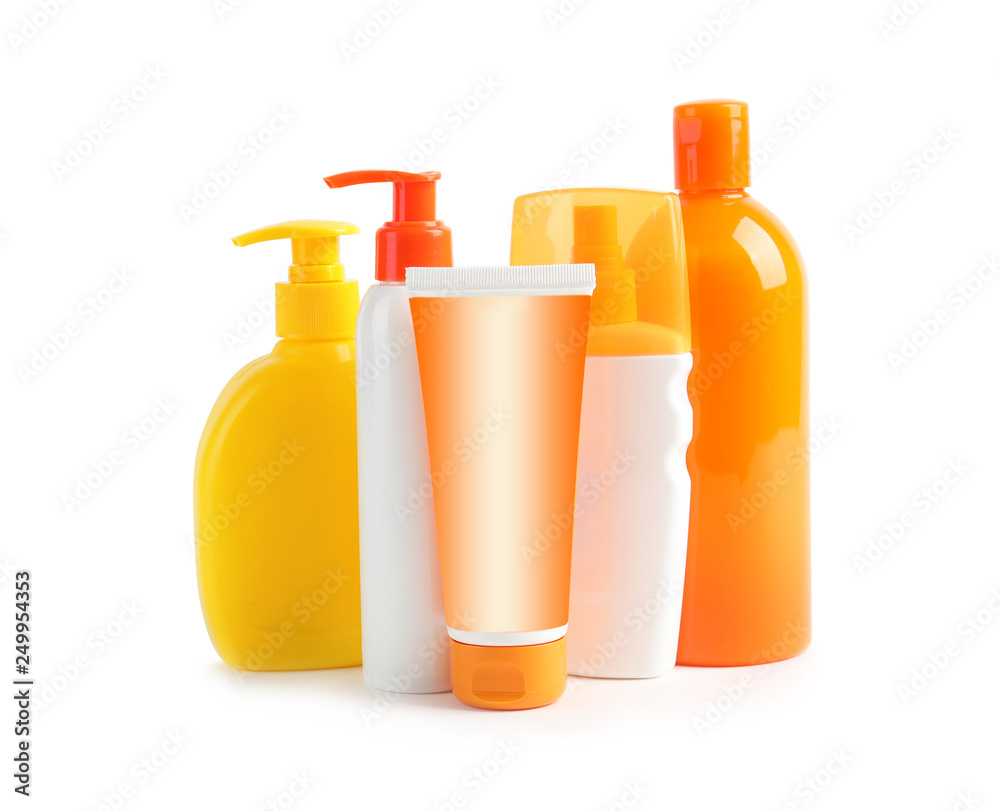 Sun protection products on white background. Body care Sun protection products on white background. Body care