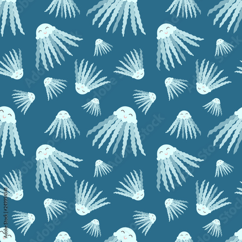 Seamless summer pattern of cute jellyfishes. Vector sea illustration for holiday, background, textile, fabric, print, card, baby, girl, boy, birthday. Hand-drawn marine image of a jellyfish