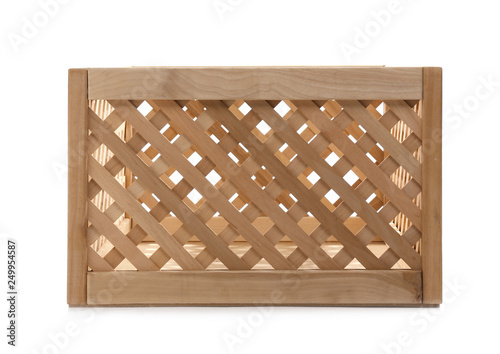Empty open wooden crate isolated on white