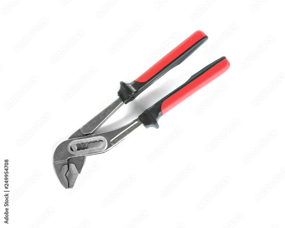 Water pump pliers on white background, top view. Construction tools Water pump pliers on white background, top view. Construction tools