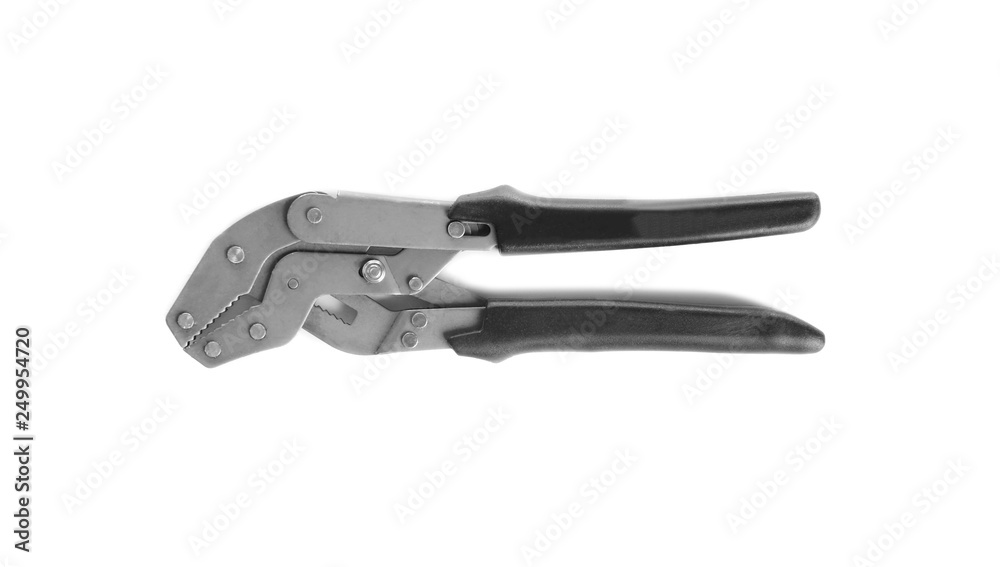 New water pump pliers on white background, top view. Construction tools New water pump pliers on white background, top view. Construction tools