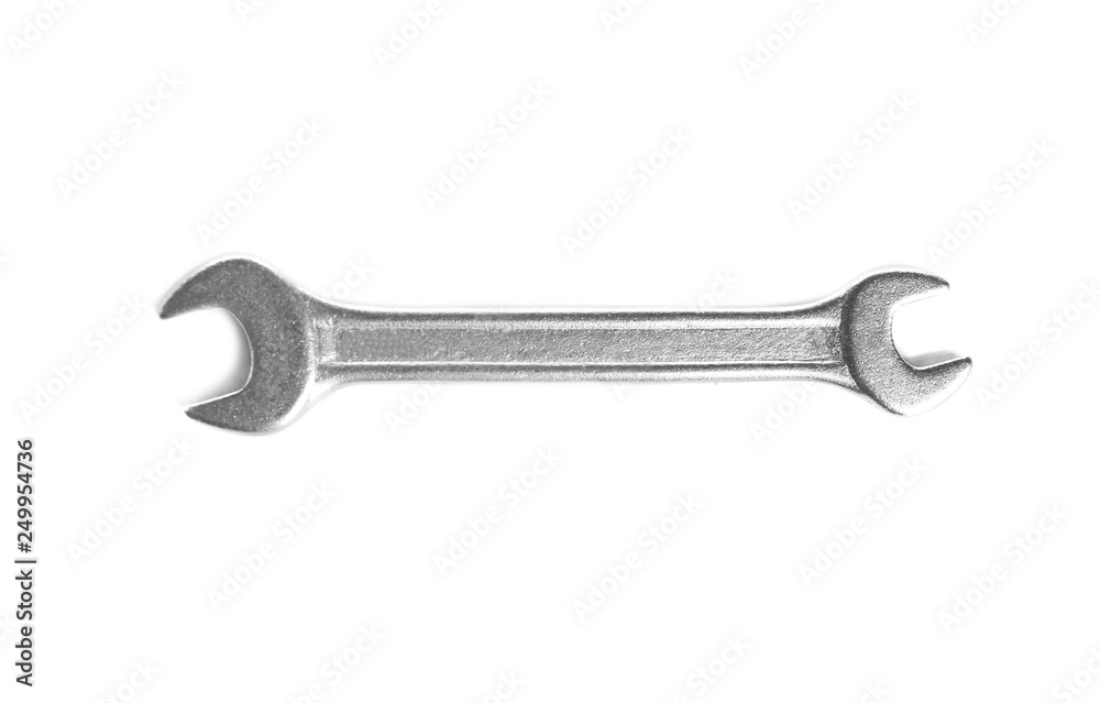 New wrench on white background, top view. Construction tools New wrench on white background, top view. Construction tools