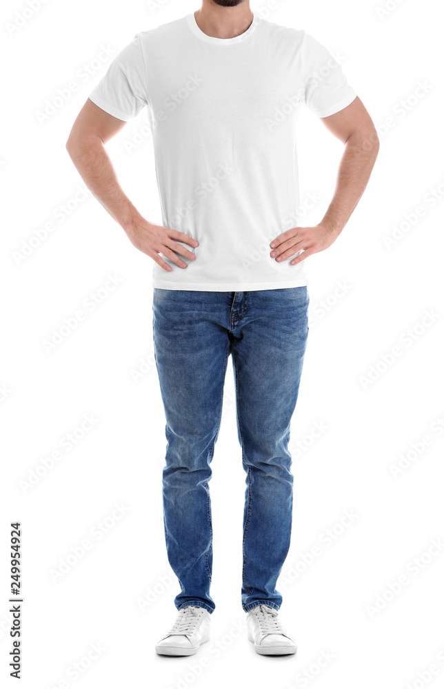 Young man on white background, closeup. Weight loss