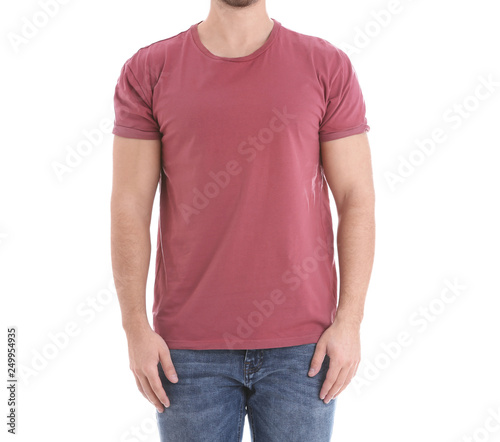 Young man on white background, closeup. Weight loss