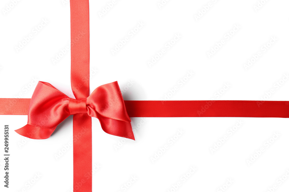 Red ribbon with bow on white background. Festive decoration Red ribbon with bow on white background. Festive decoration
