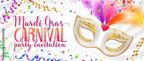 Bright carnival mask with colorful feathers and golden decorations on white background with confetti and serpentine, vector mardi gras carnival invitation template
