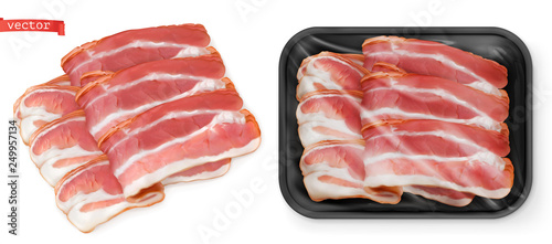 Bacon, meat in the package. Food 3d vector realistic