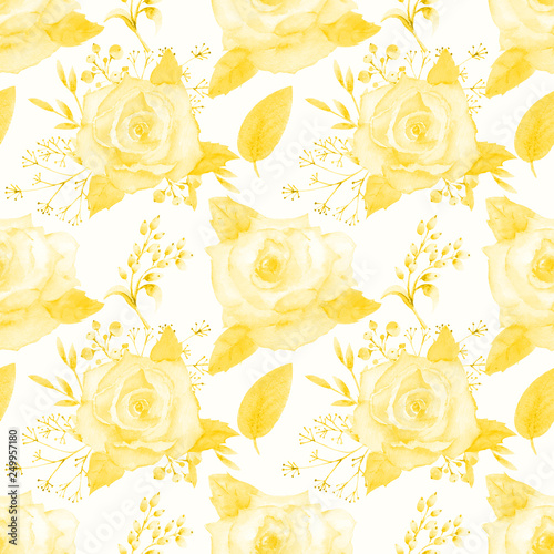 Seamless pattern. Set of flower branches. Rose flower  leaves.  Watercolor compositions for greeting card or invitation design. In soft pastel colors. Yellow