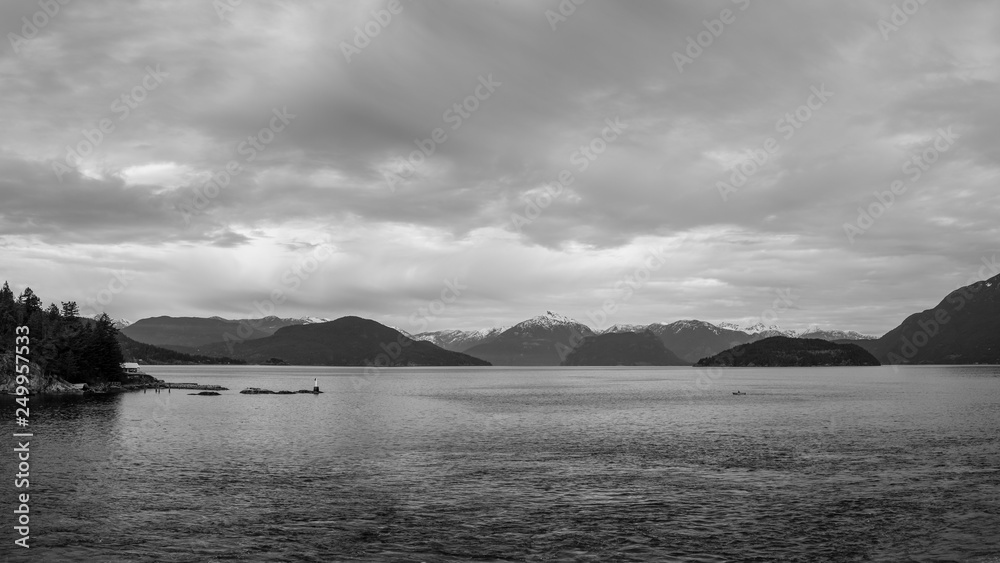 panorama of Howe Sound near Horseshoe Bay British Columbia Canada cloudy day.