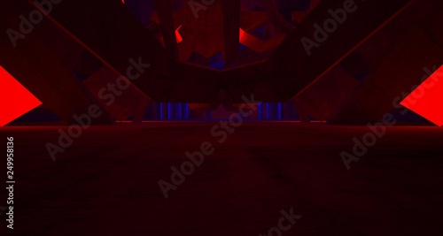 Abstract Concrete Futuristic Sci-Fi Gothic interior With Red And Blue Glowing Neon Tubes . 3D illustration and rendering.