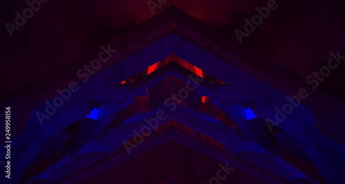 Abstract Concrete Futuristic Sci-Fi Gothic interior With Red And Blue Glowing Neon Tubes . 3D illustration and rendering.