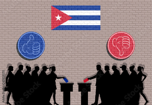 Cuban voters crowd silhouette in election with thumb icons and Cuba flag graffiti