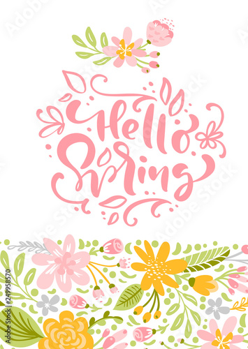 Flower Vector greeting card with text Hello Spring. Isolated flat illustration on white background. Spring scandinavian hand drawn nature wedding design