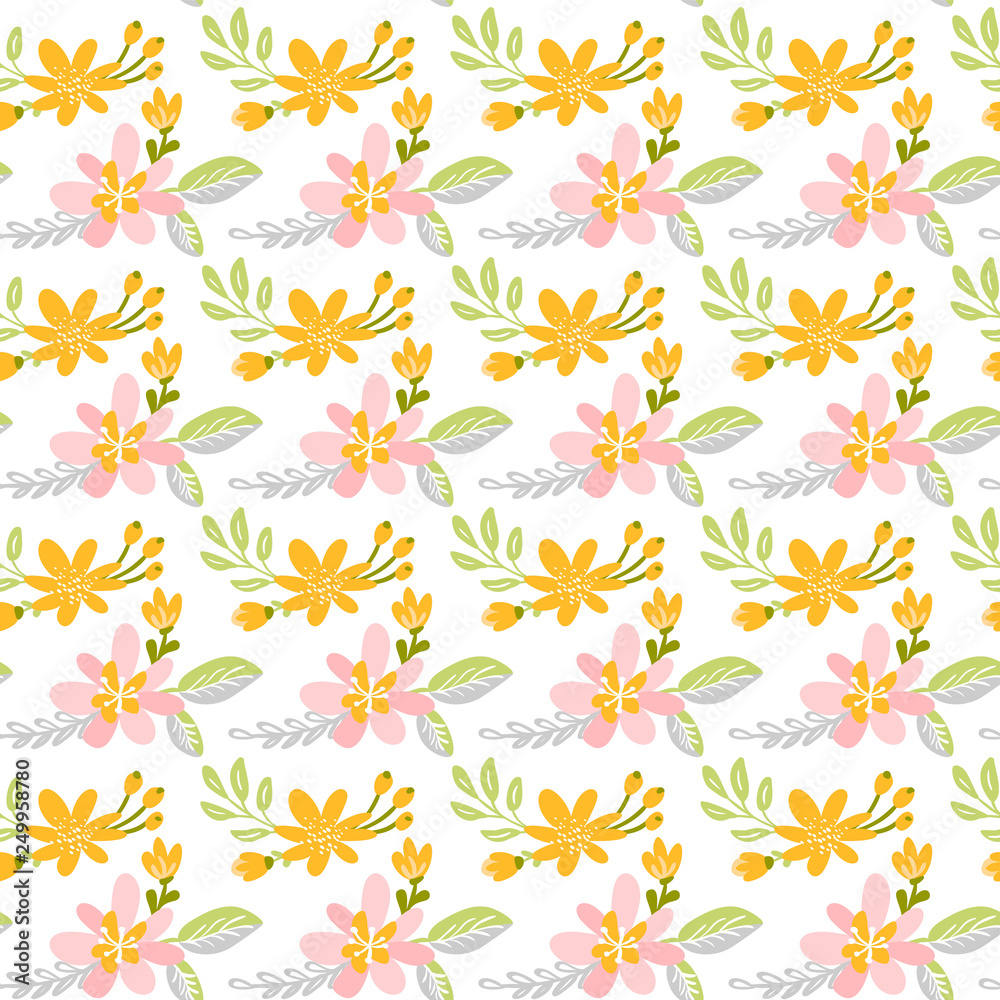 Vector seamless pattern with flat flower bouquet and leaves. Cute floral background for your design. Pastel colors - light pink, yellow, blue elements on white backdrop Vector seamless pattern with flat flower bouquet and leaves. Cute floral background for your design. Pastel colors - light pink, yellow, blue elements on white backdrop