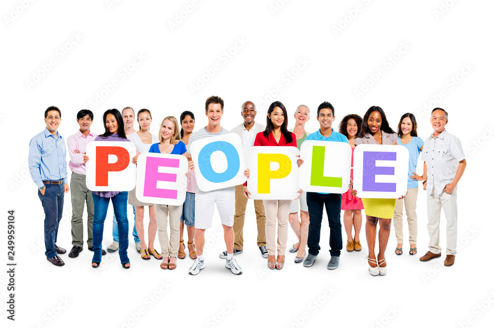 A Large Group of Colorful Diverse People Holding White Placards with Letters Forming the Word A Large Group of Colorful Diverse People Holding White Placards with Letters Forming the Word
