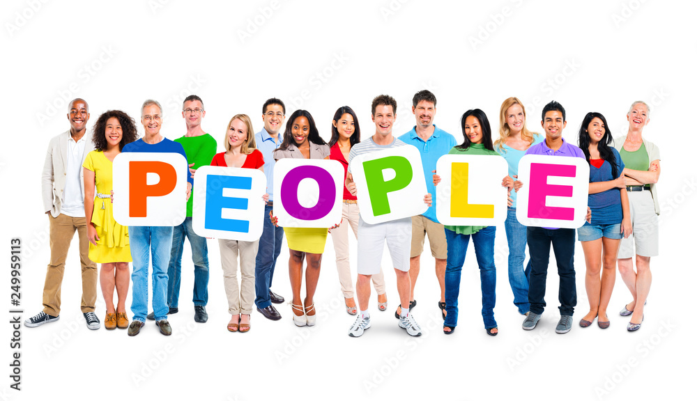 Multi-Ethnic Group Of People Holding Alphabet To Form People Multi-Ethnic Group Of People Holding Alphabet To Form People