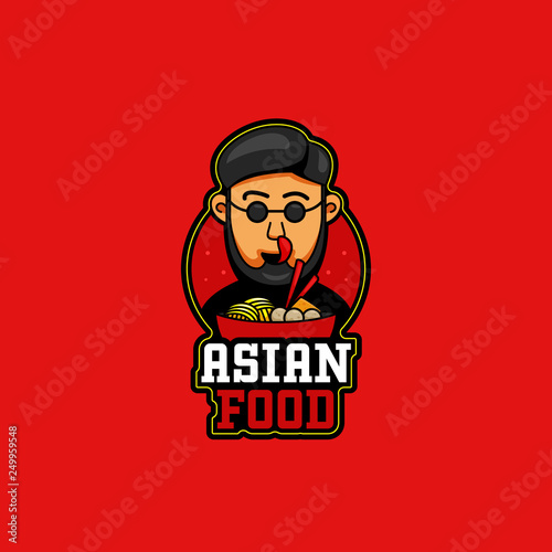 Asian food mascot logo fashioned character with beard and round eyeglasses in shopisticated cartoon fun style with bakso ramen in bowl illustration symbol