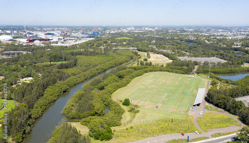 Obraz premium Sydney Olympic archers park and Haslams creek, an offshoot of the Parramatta river.