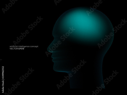 Artificial intelligence technology concept human head shape with light dots line blue color on black background. Vector in concept technology, communication, digital, ai, science.