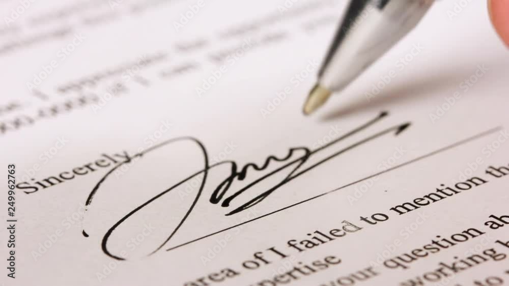 Hand signing a contract in black ink, fake signature. not real sign Hand signing a contract in black ink, fake signature. not real sign