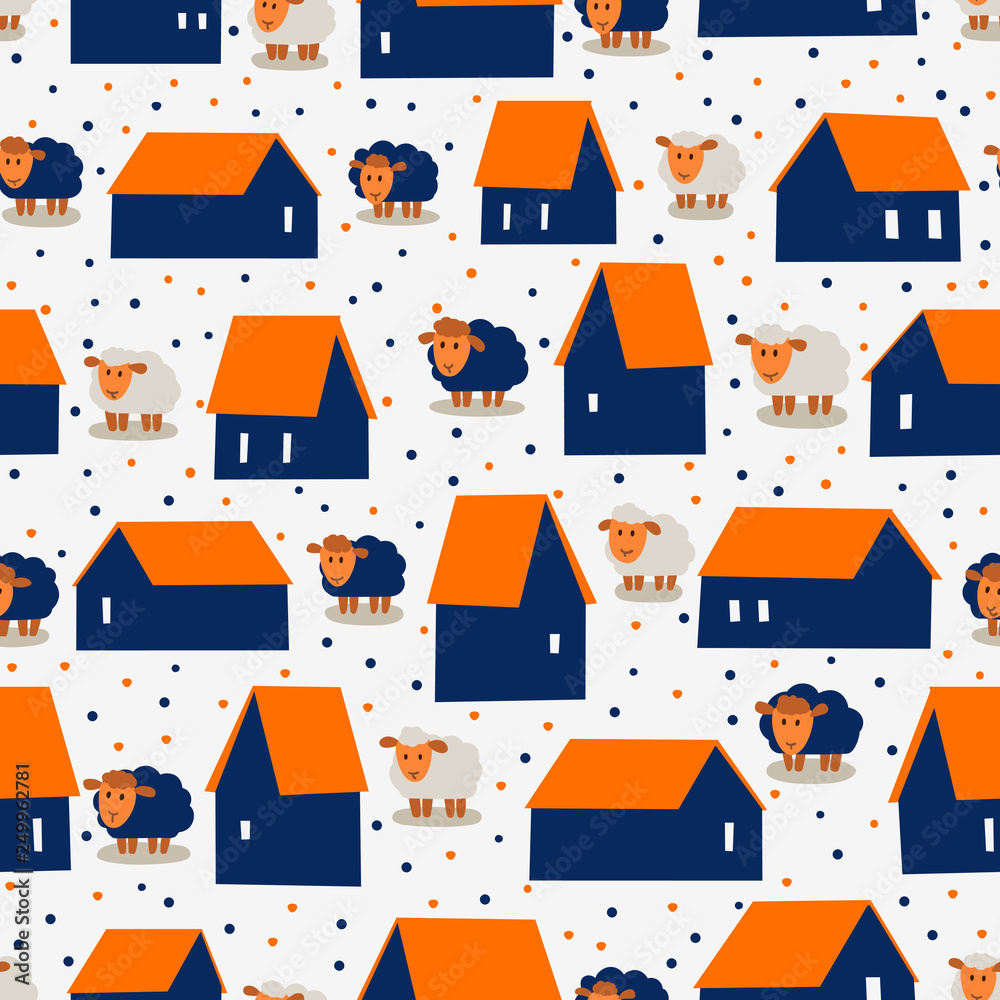 Vector seamless pattern with funny cartoon sheep and houses