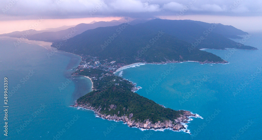 Aerial :  panoramic view on the Haad Rin area in sunset color,  andscape of beautiful tropical island koh Phangan,Thailand